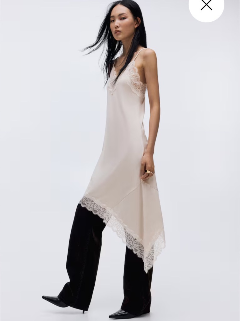 H&M Lace-Trim Slip Midi Dress in Light Beige